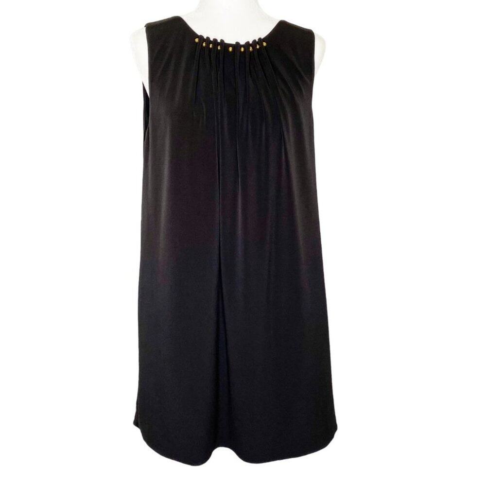 Tahari Knit Black Dress with Round Neckline Adorned with Golden Beads Size 14